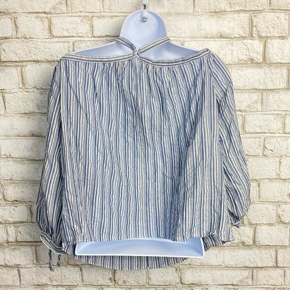 Rebecca Taylor Blouse Off Shoulder Cotton Strappy Stripe Blue White 8 Medium - Picture 3 of 8